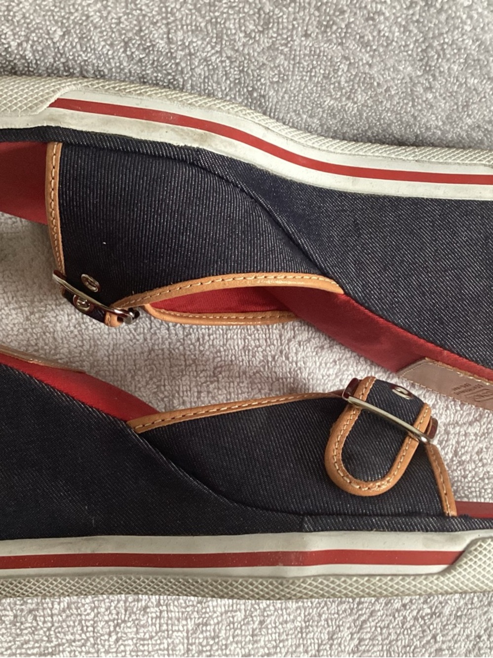 Coach  Alyssa Indigo Denim Natural Vachetta Leather Trim Wedge Sandals Shoes 8 - Picture 2 of 3